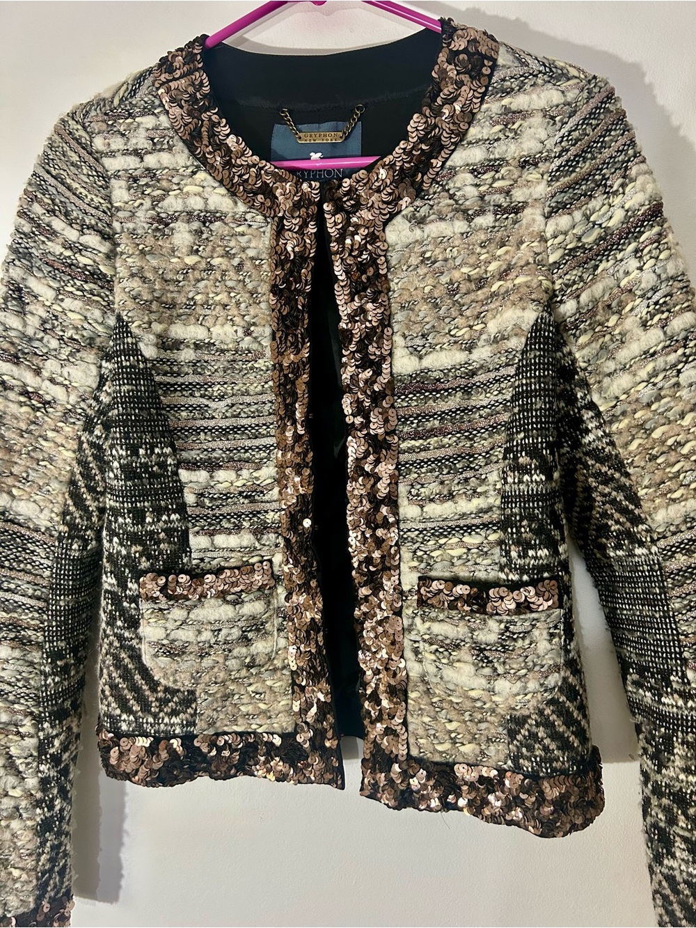 Gryphon Elle Jacket, Virgin Wool, Black & Cream with Sequin Trim, Size Small
